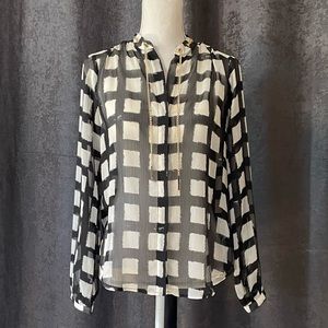 Michael Kors Black and cream checkered sheer blouse with gold woven chain.
